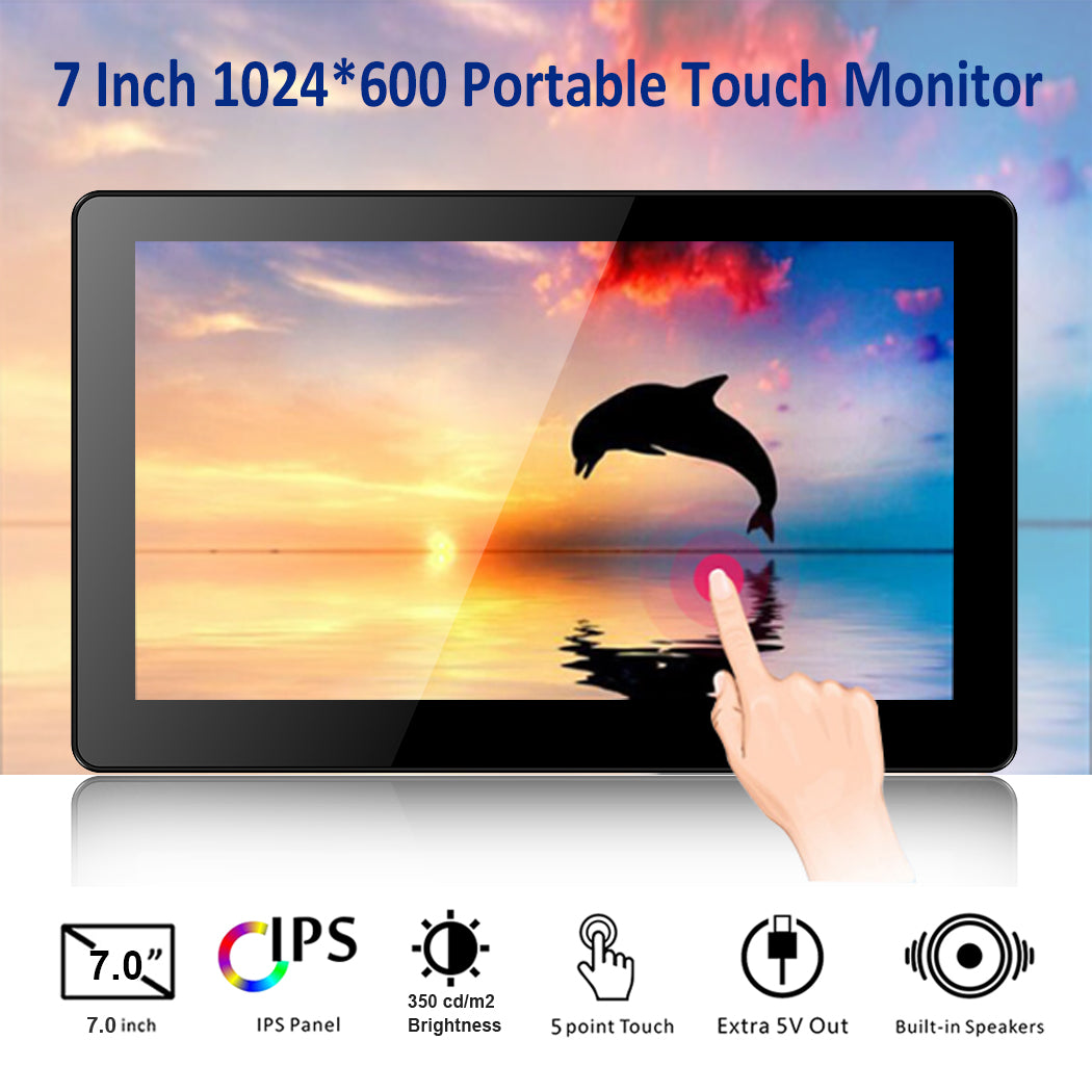 7 Inch 1024 * 600 Resolution Touch Monitor with HDMI input,USB 5V /12V powered,Built-in Speakers,Aluminum case with stand(T007-1)