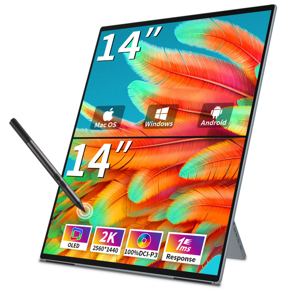 Dual Monitor 14 Inch 2K OLED 100%DCI P3 Portable Touch Monitor Support AES Stylus(MageFlex-140A)