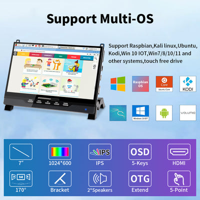 7 Inch 1024*600 Raspberry Pi Touchscreen Monitor With HDMI Input,12V Powered,Built-in Speakers(T007-2)