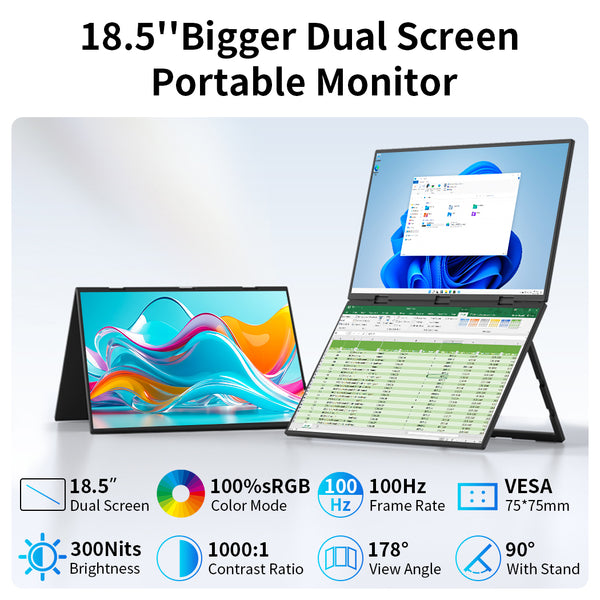Dual Monitor 18.5 Inch FHD 100Hz Folding Stacked Portable Monitor Laptop Screen Extender(MageFlex-N185A)