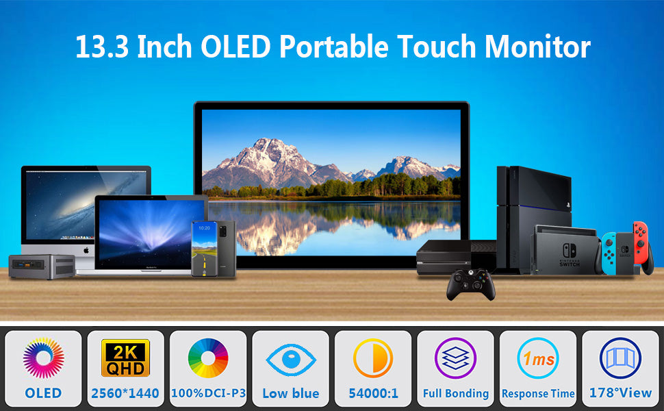13.3 inch 2K 100%DCI-P3 OLED Touchscreen Portable Monitor With OTG Ports (PI-X5)