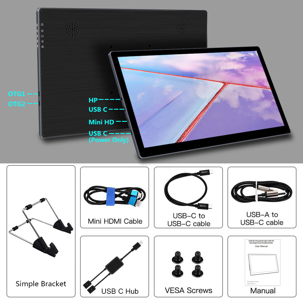 13.3 Inch IPS 1920*1080 FHD HDMI/USB C Portable Touch Monitor (T133E)